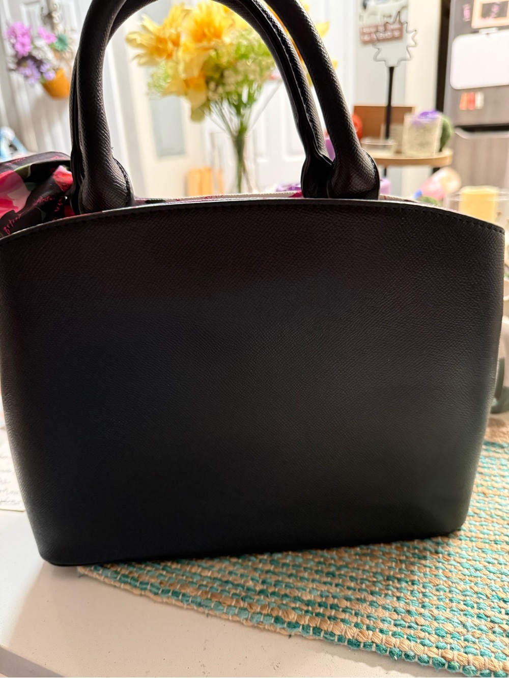 🌻NEW🌻Betsey Johnson Black Satchel with Pink Floral Scarf Accent - Picture 2 of 6